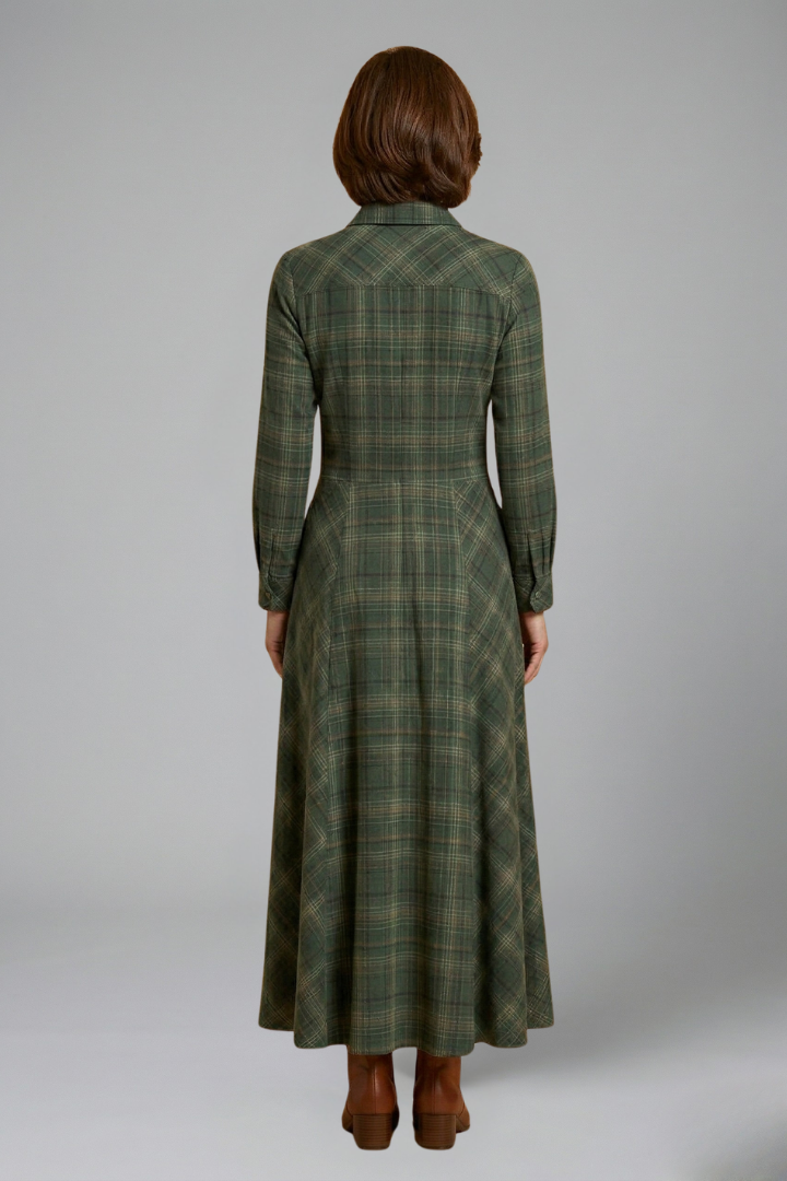 Chic women's long sleeve plaid maxi dress with a sophisticated button-front and collared neckline for elegant casual wear.