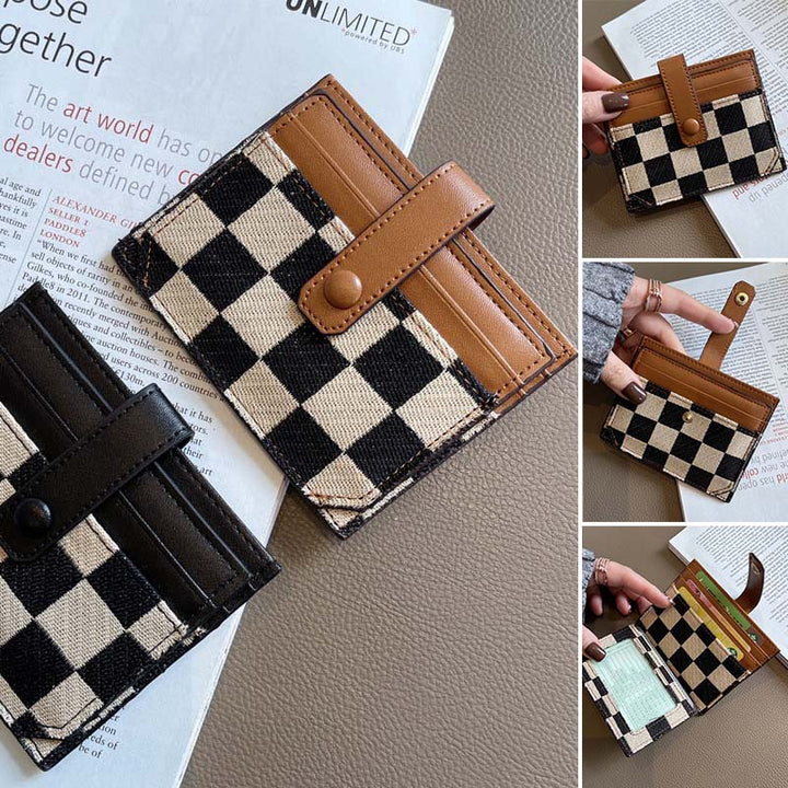 Stylish women's PU leather compact wallet, plaid and colorblock design, multiple card slots
