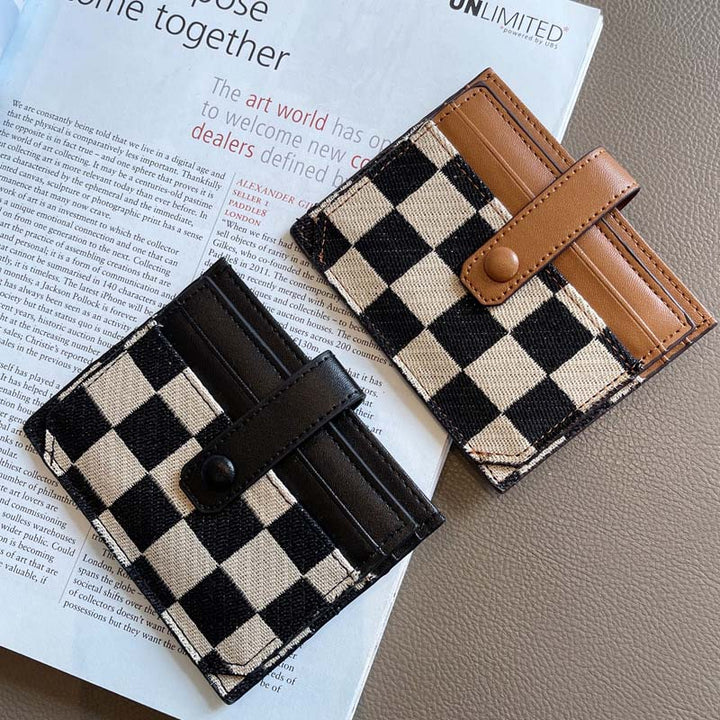 Women's compact wallet with plaid pattern and colorblock panels, perfect for everyday use