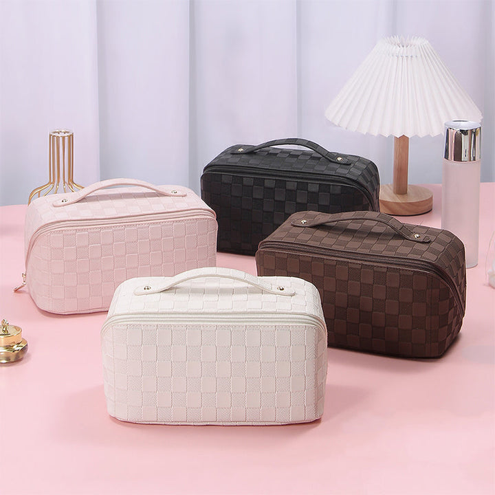 Compact plaid makeup organizer for women, perfect for travel toiletries and cosmetics.
