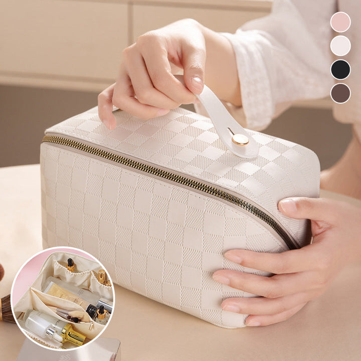 Waterproof PU leather cosmetic bag in chic plaid, a great women's travel accessory.