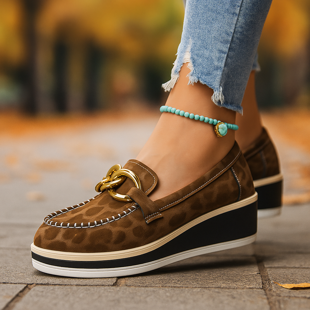 Women's platform loafers, black with gold chain, orthopedic insole, stylish everyday footwear