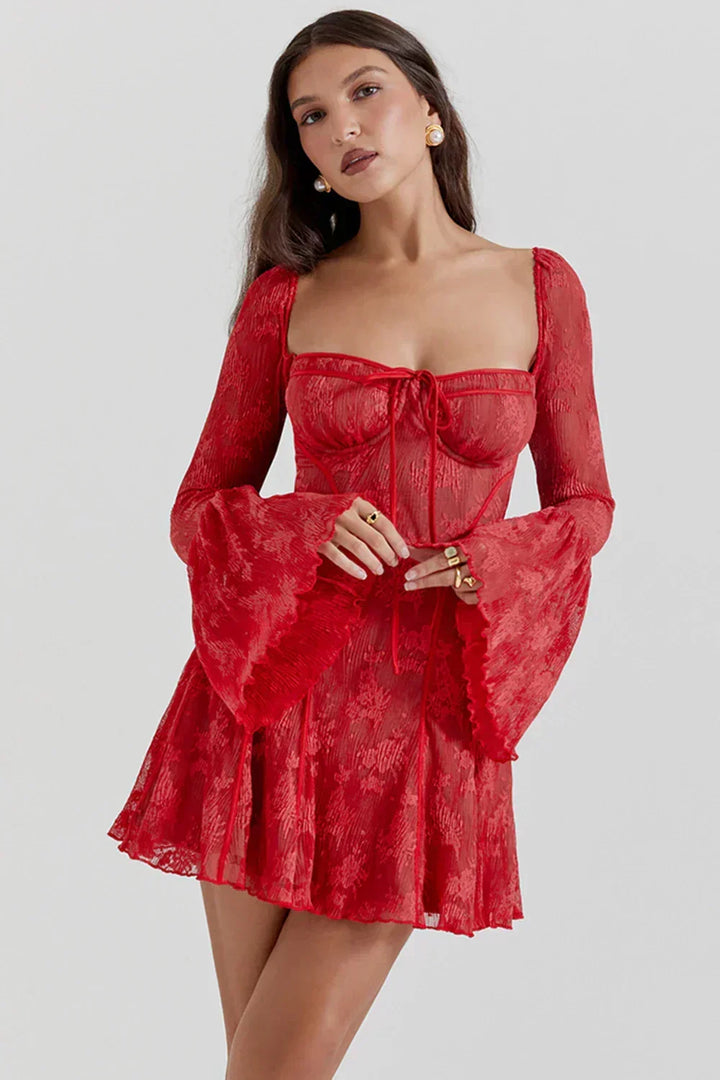 Elegant red lace mini dress for women with long sleeves, flattering fit for special occasions.