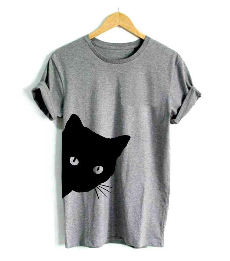 Women's playful cat lover t-shirt with a cute feline graphic print, perfect casual top for everyday wear.