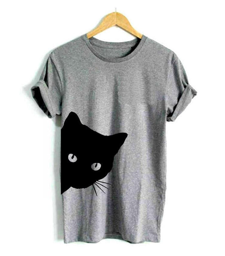 Women's playful cat lover t-shirt with a cute feline graphic print, perfect casual top for everyday wear.