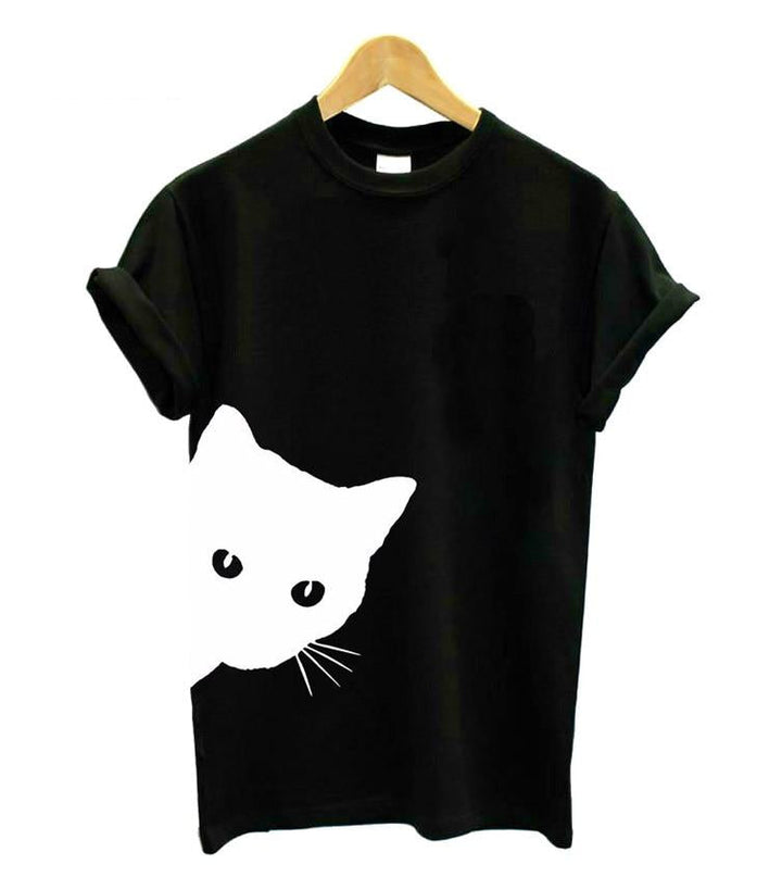 Comfortable women's tee for cat owners, featuring a fun animal print and playful design for summer fashion.