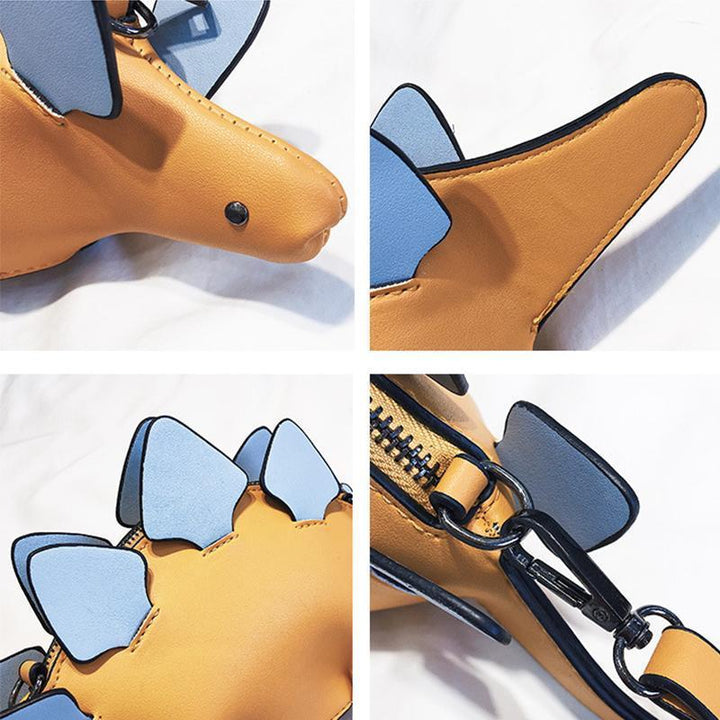 Playful dinosaur themed crossbody bag for women, green PU leather with cartoon design, novelty style