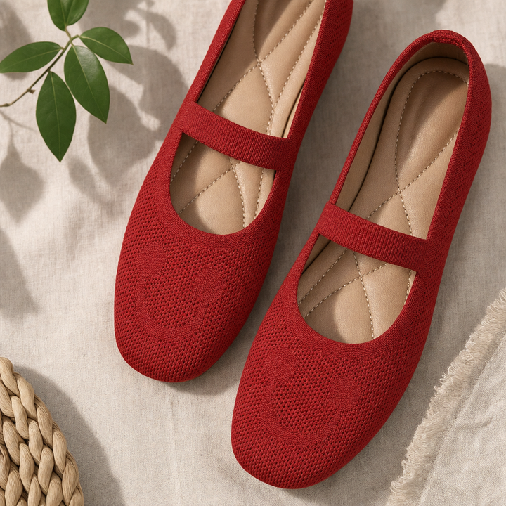 Yellow women's playful Mary Jane ballet flats with a smiling face detail, ideal for novelty casual shoes.