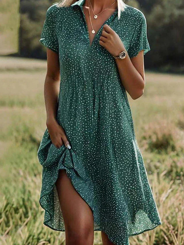 Women's playful polka dot A-line summer dress with a flattering V-neck & short sleeves, perfect for casual wear & vacations.