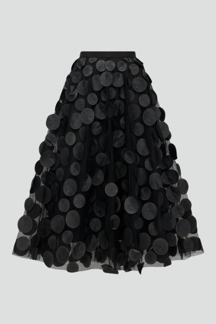 Women's playful polka dot full midi skirt with elastic waist. Elegant fashion for her.