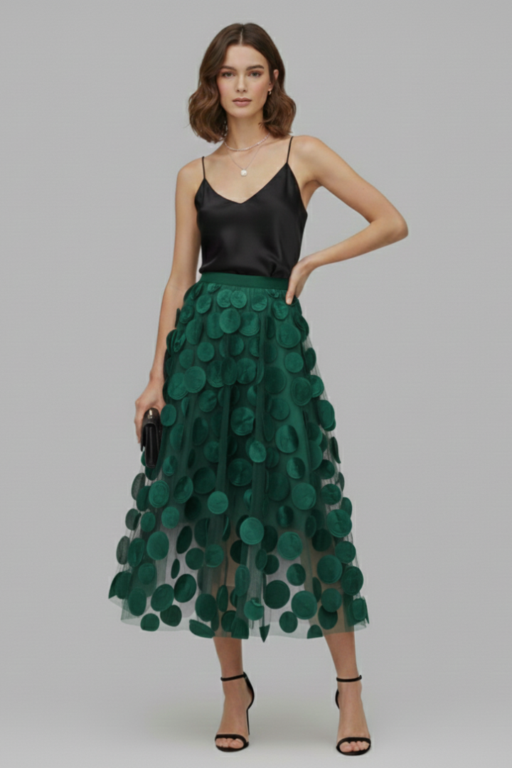 Versatile women's polka dot full midi skirt. Playful elegance, perfect fashion for day or night.