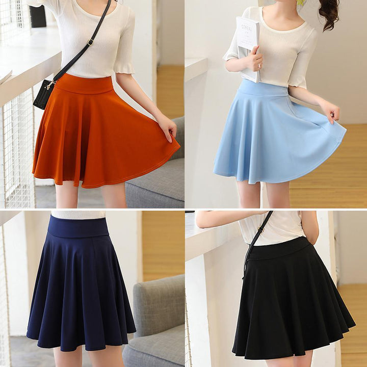 Detailed view of elastic waistband on a pleated A-line skort, comfortable fit