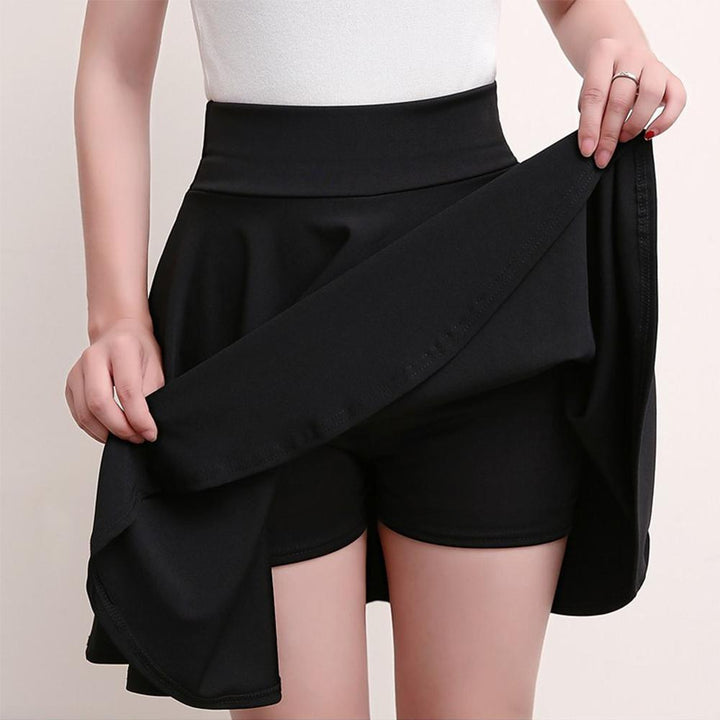 Navy blue pleated A-line skort for women, elastic waist, anti-chafing design