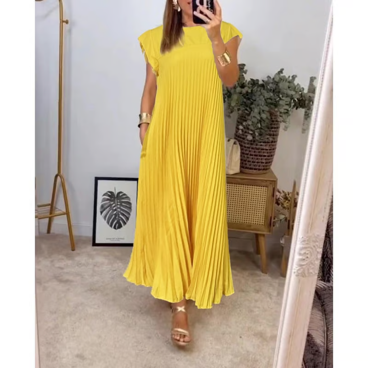 Elegant women's pleated maxi dress, extended cap sleeves, empire waist, perfect for occasions.
