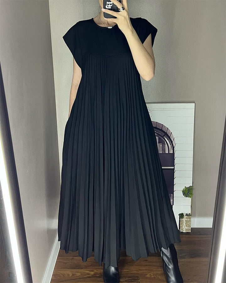 Evening women's pleated maxi dress, extended cap sleeves, empire waist, perfect for formal events.