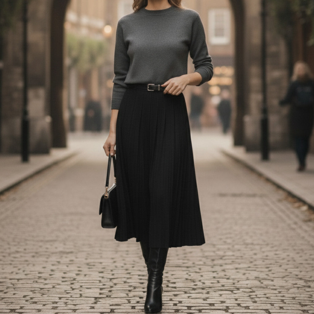 Casual yet chic women's midi skirt, featuring pleats and a flattering belt for all body types