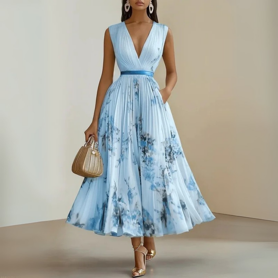 Yellow pleated sleeveless V-neck maxi summer dress for women, comfortable and stylish beachwear.