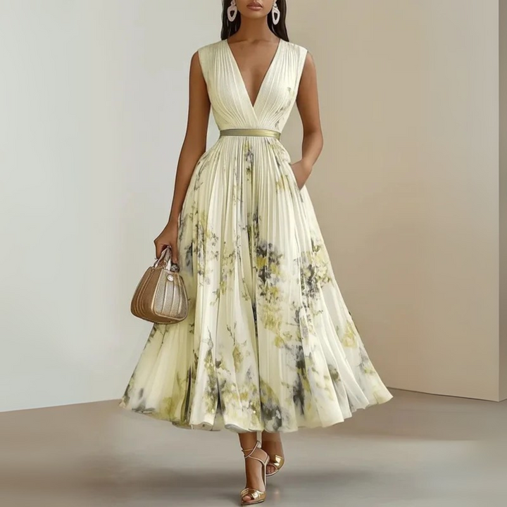 Beige elegant pleated sleeveless maxi dress, versatile women's summer dress for day or evening events.