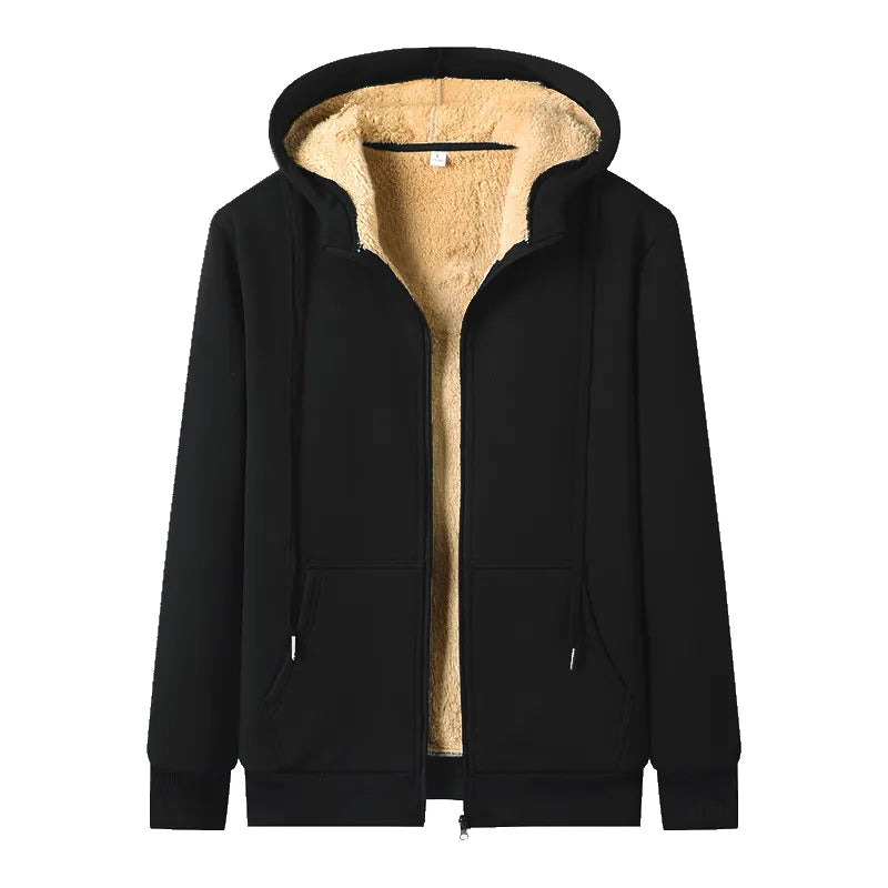 Cozy plus-size women's winter jacket with warm fleece lining & hood. Perfect for cold weather outerwear.