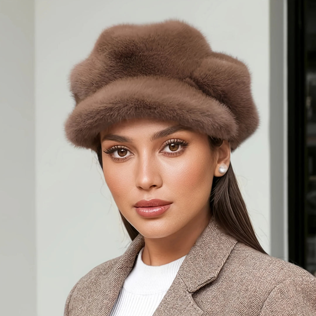 Comfortable women's faux fur cap, an essential winter accessory offering warmth and style.