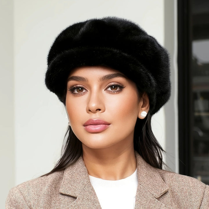 Plush faux fur women's cap in a stylish design, providing warmth and fashion for winter.