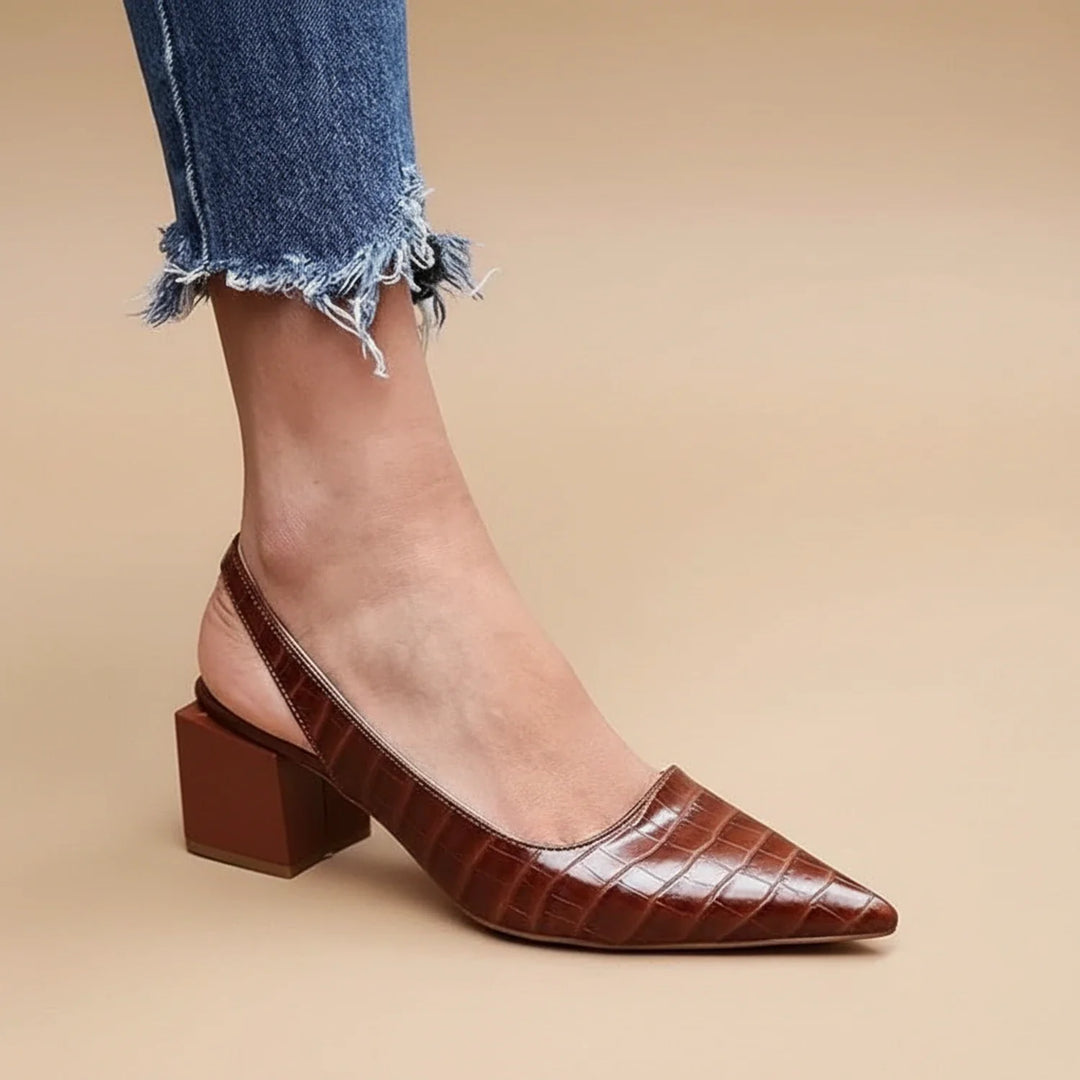 Women's pointed toe orthopedic slingback heels with sturdy block heel. Comfortable & stylish dress shoes for work.