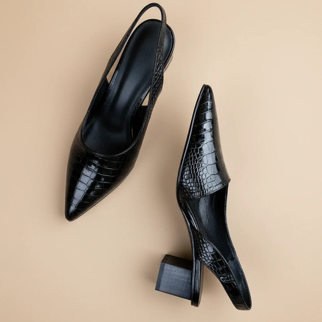 Elegant women's pointed toe block heel slingback pumps. Stylish orthopedic heels for work or special occasions.