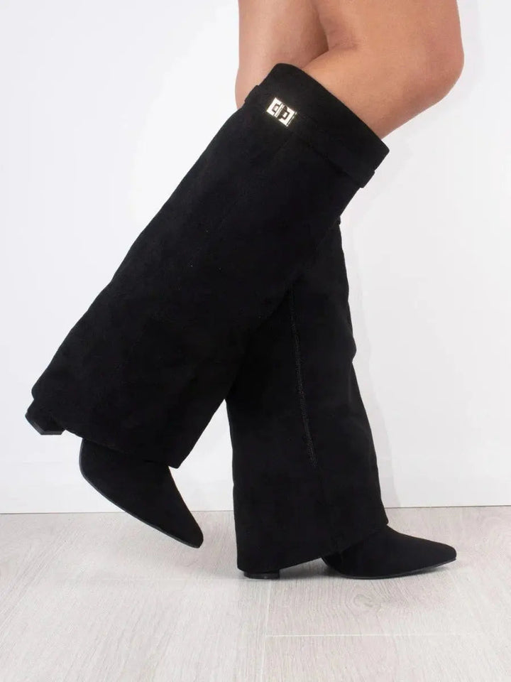 Women's pointed wedge knee-high boots, stylish and elegant footwear for fall & winter.