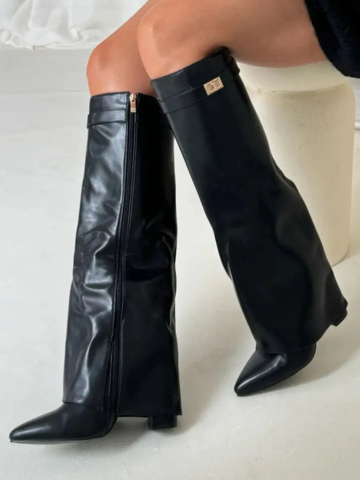 Assortment of women's pointed wedge knee-high boots in black, brown, and beige, tall fashion.