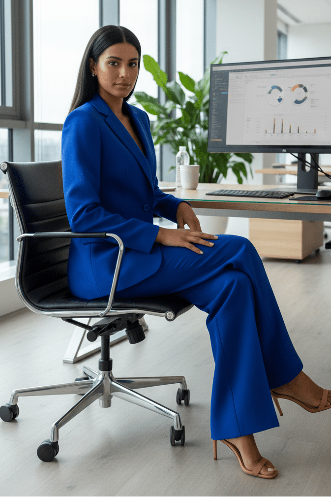 Sophisticated women's two-piece tailored suit set, a professional blazer and trousers for business.