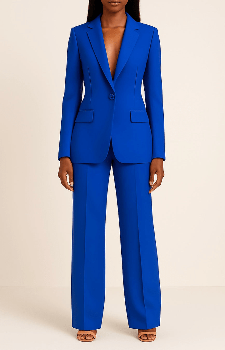 Stylish women's business suit, a tailored two-piece set featuring a blazer and trousers for office.