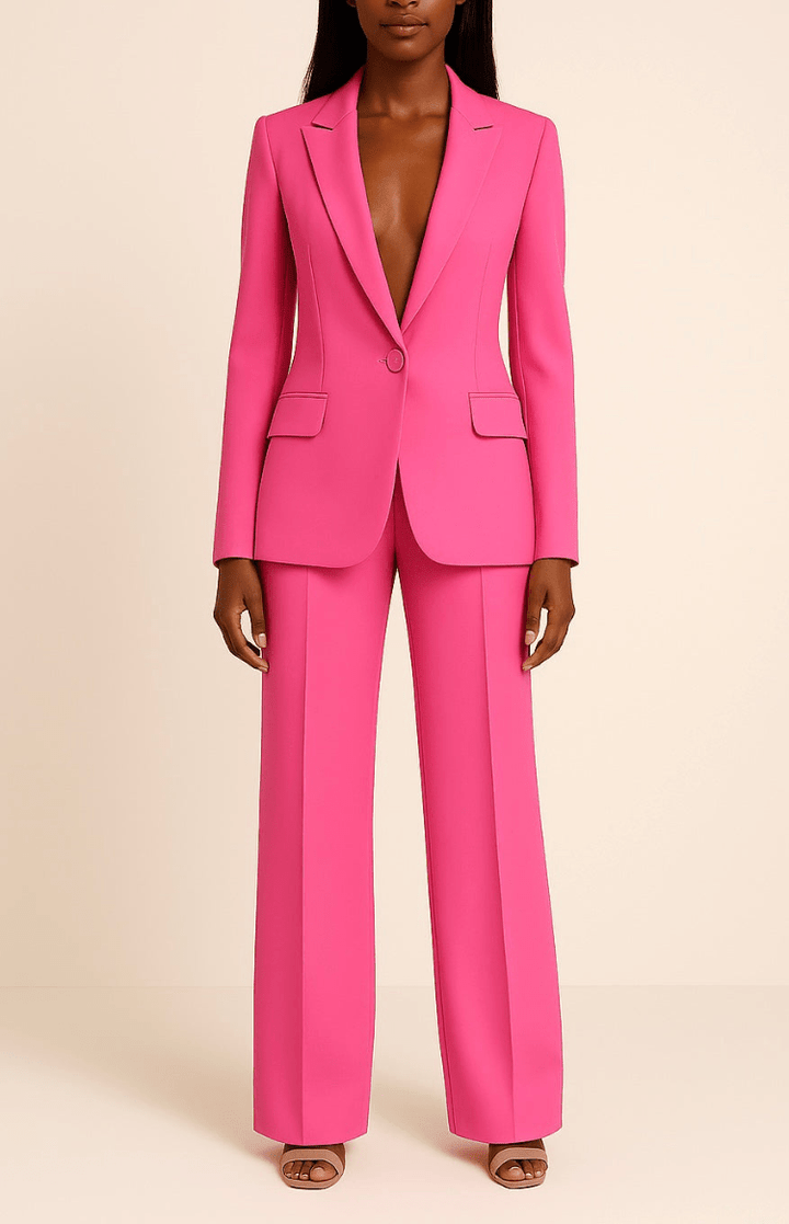 Women's formal office wear suit set, featuring a sleek tailored blazer and matching trousers.