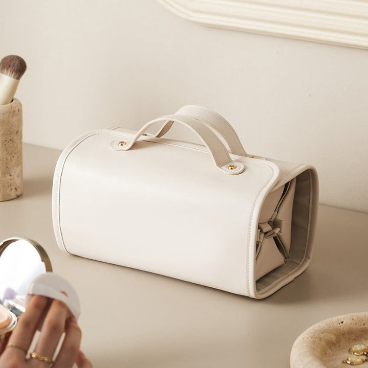 Side profile of a fully packed 4-in-1 women's makeup organizer, demonstrating its capacity