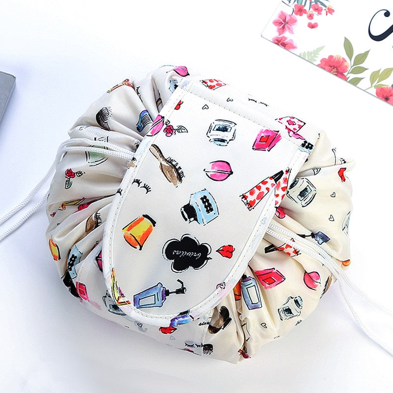 Foldable drawstring toiletry bag for women, secure closure, perfect travel accessory & makeup pouch.
