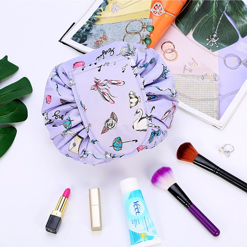Waterproof drawstring toiletry bag for women, durable travel organizer for cosmetics and essentials.