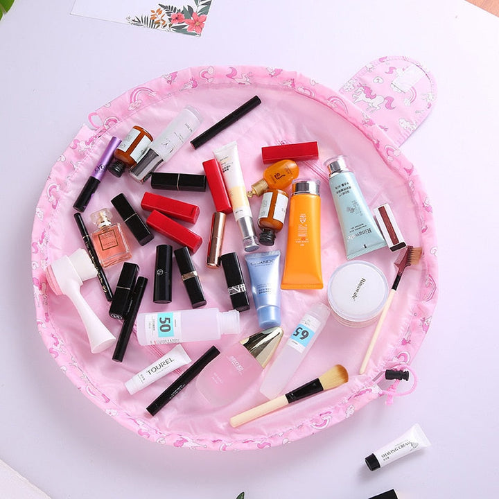 Compact foldable drawstring makeup pouch, perfect travel storage for women's beauty products.