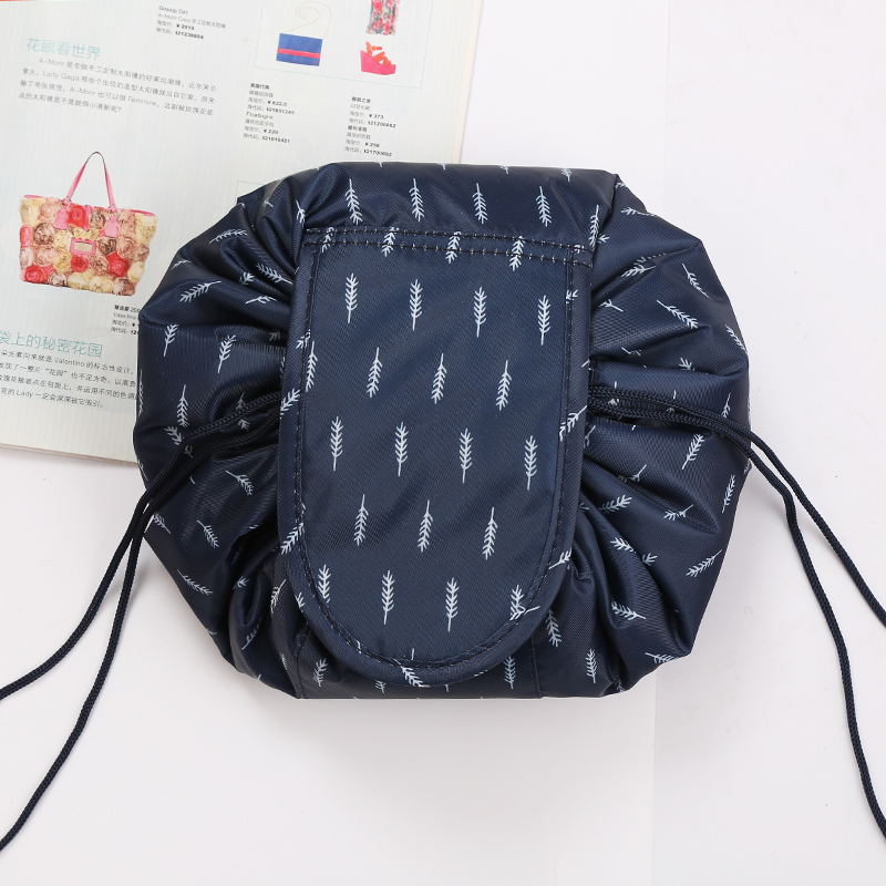 Drawstring toiletry bag on bathroom counter, a practical women's travel accessory for daily use.