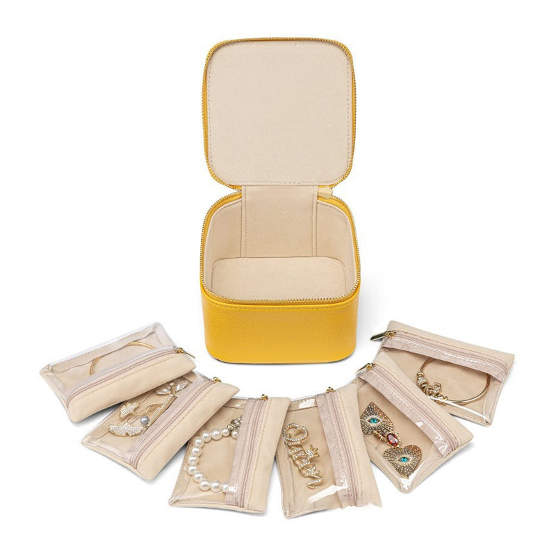 Close-up of the plush velvet lining inside the women's leather jewelry travel organizer