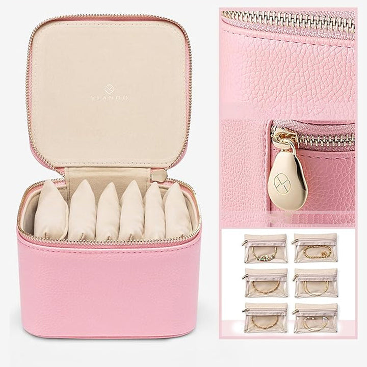 Elegant small leather jewelry travel case, featuring a secure zipper and soft velvet lining