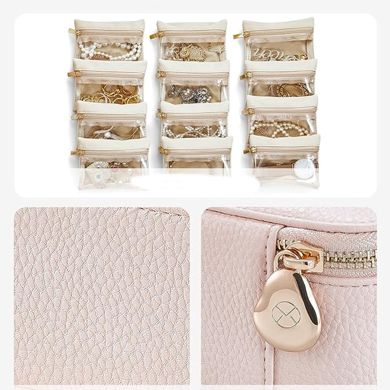 Interior view of the velvet-lined compartments in the portable leather jewelry organizer