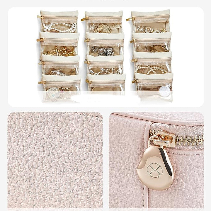 Interior view of the velvet-lined compartments in the portable leather jewelry organizer