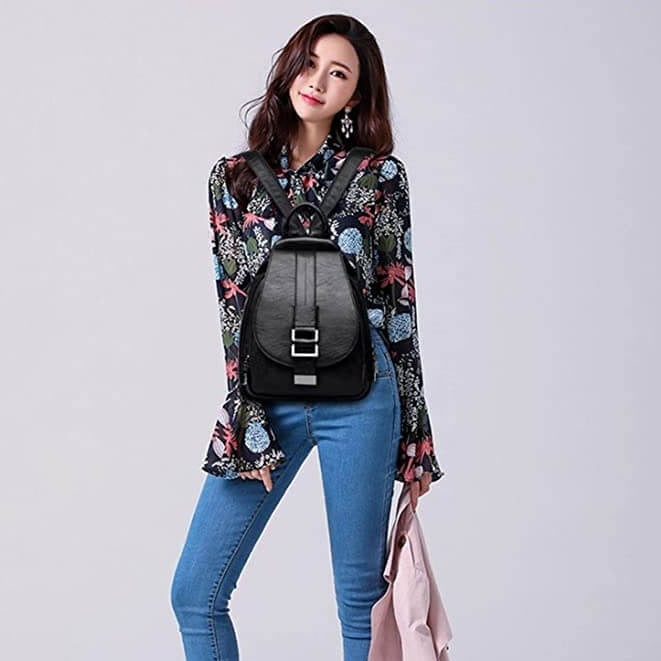 Stylish women's anti-theft leather backpack, a durable water-resistant shoulder bag.