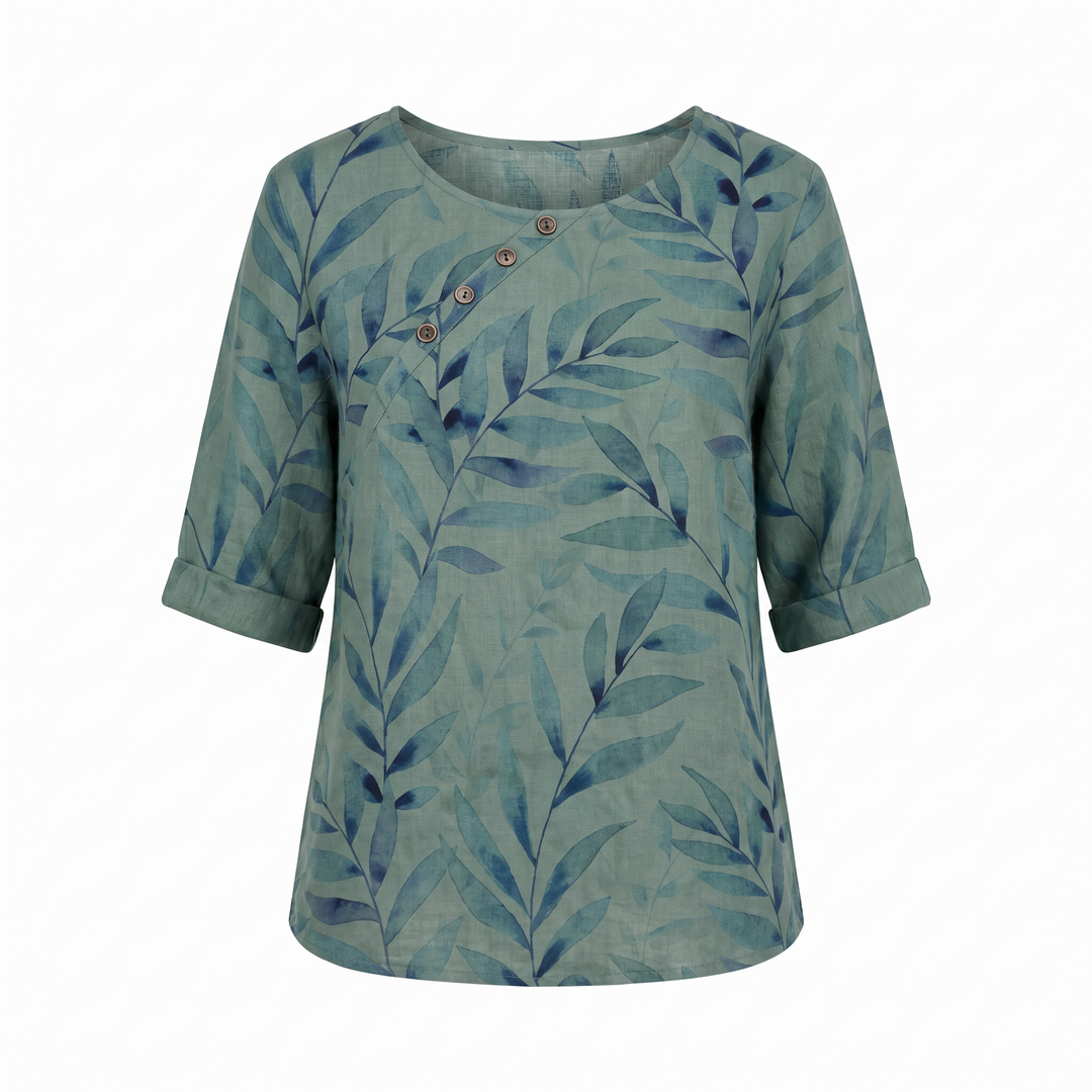 Elegant women's printed blouse with an asymmetric hem, button-front, suitable for all figures.