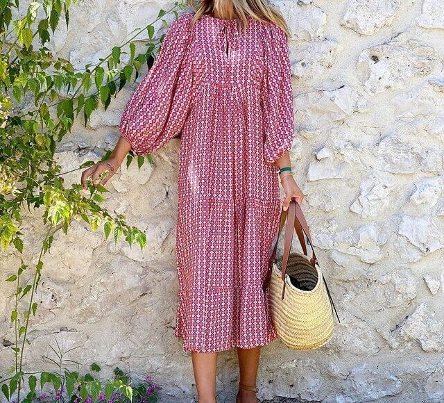 Stylish women's fashion printed maxi dress, highlighting a flattering waistband for a perfect fit.