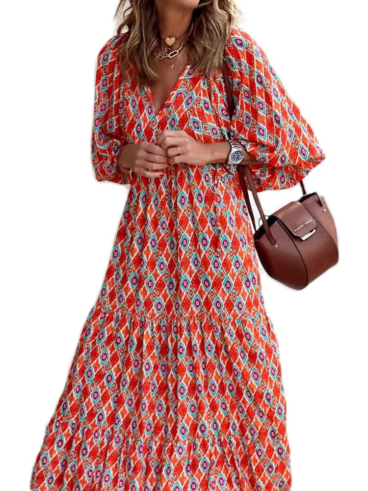 Women's casual printed maxi dress with a flattering waistband, a beautiful addition to any wardrobe.