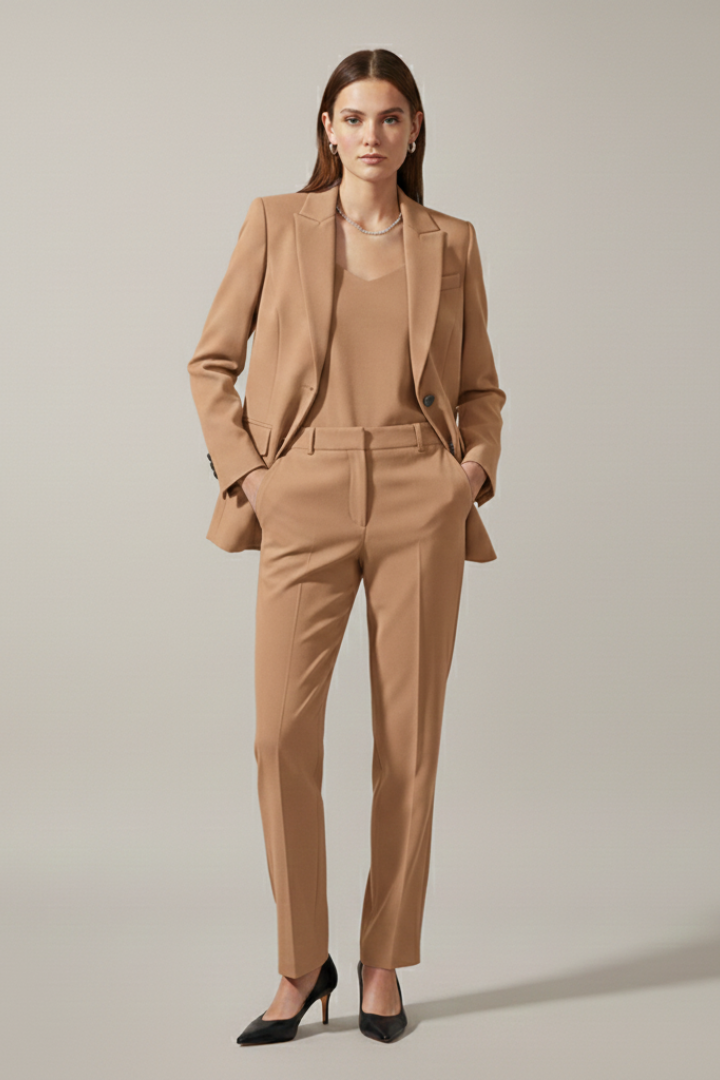 Smart casual women's blazer & straight leg trousers set for a refined, professional look.