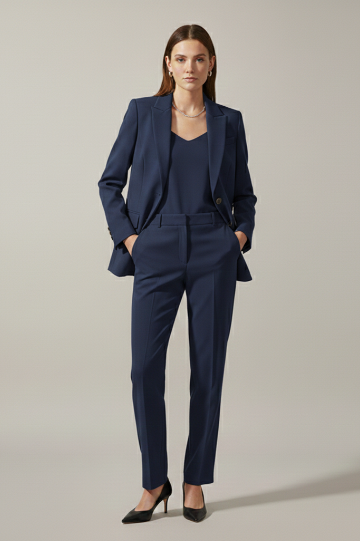 Chic women's blazer and straight leg trousers ensemble, offering a sophisticated formal wear option.