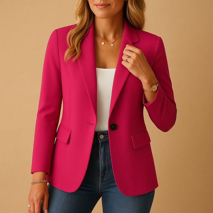 Chic women's tailored blazer, perfect for office or smart casual wear, featuring a peak lapel and flap pockets.