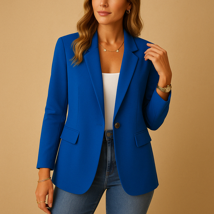Women's business attire tailored blazer, ideal for professional settings, with a peak lapel & classic flap pockets.