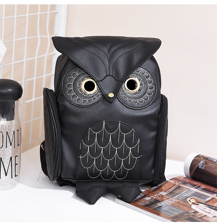 Women's PU leather owl print backpack, multi-pocket. Stylish fashion accessory for daily use.